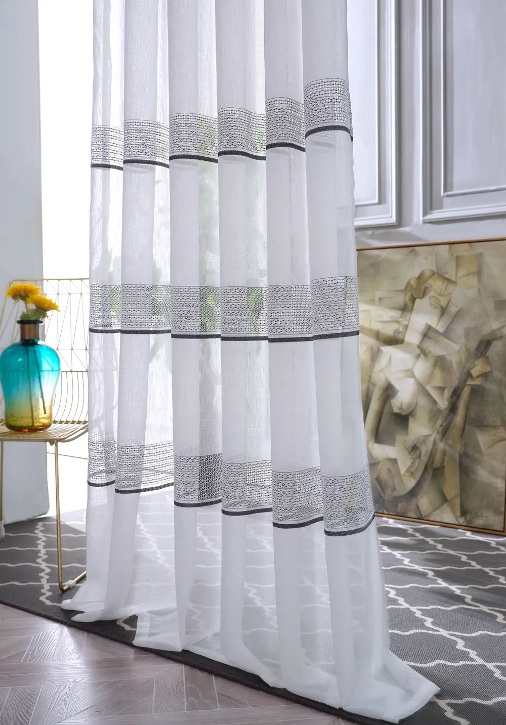 44 Foulola News: 2029# Series Jacquard Stripe Style Linen Sheer details