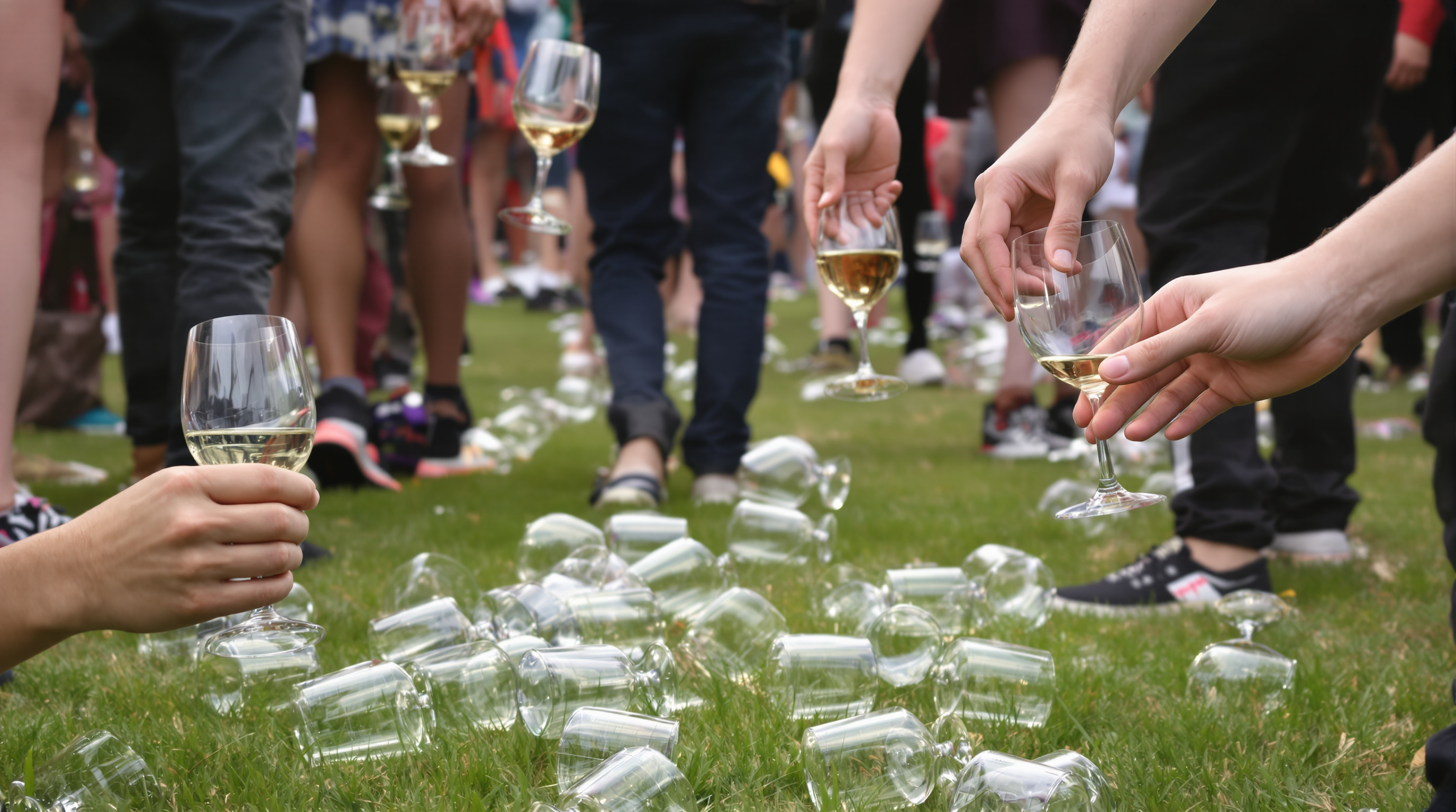 People holding and occasionally dropping plastic wine glasses at a busy outdoor festival without any breakage