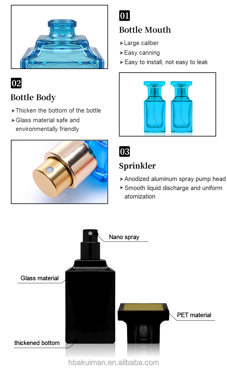 50ml 75ml 100ml cologne black white pink flat spray rectangle thick square glass perfume bottle with custom box details
