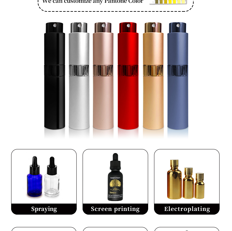 Luxury customizable logo portable rotary spray bottle skin care cosmetics perfume electroplated aluminum 8ml10ml packaging spray manufacture
