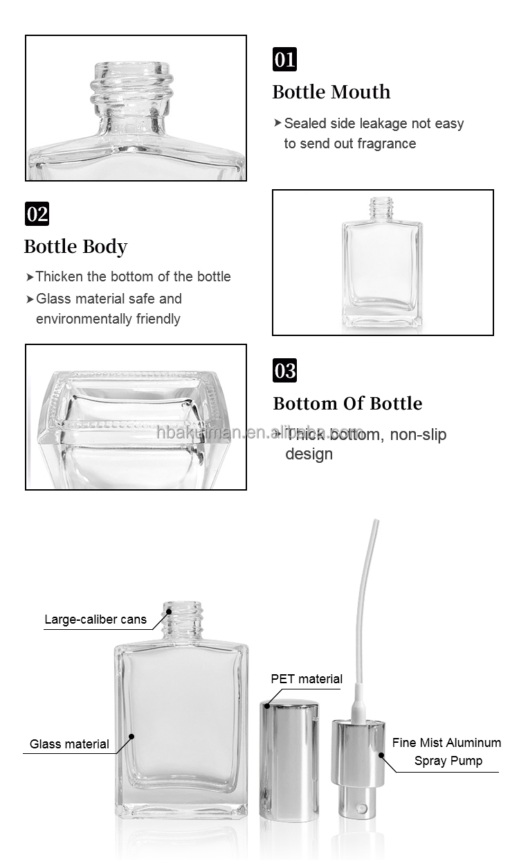 Glass Perfume Bottle Square Fragrance Glass Bottle Cosmetic Dispenser Spray Bottle With Sprayer Lid From China details