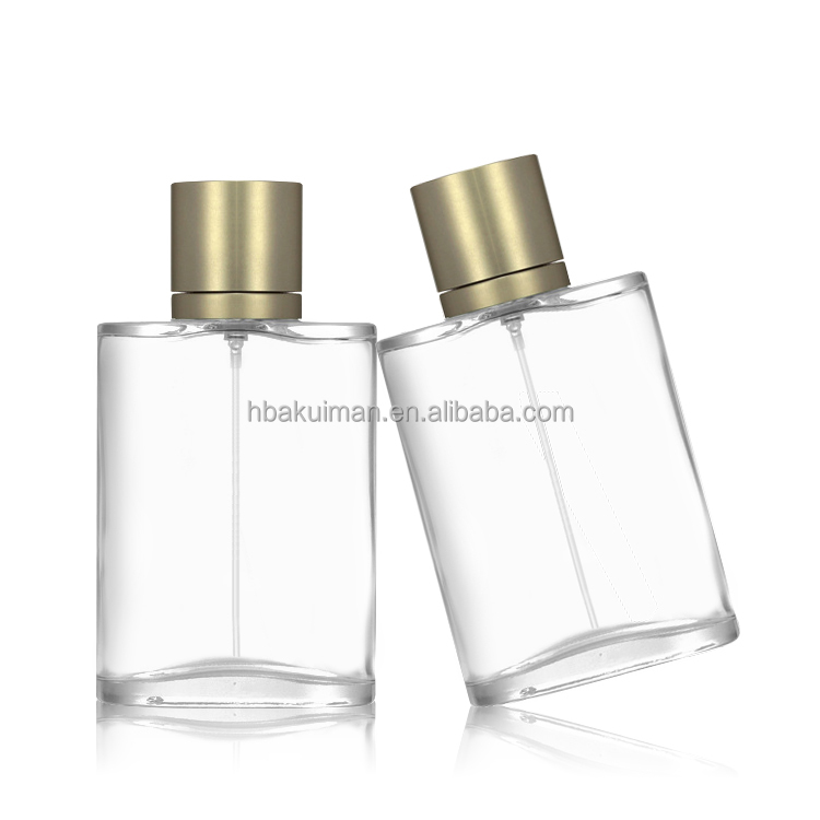 Wholesale Luxury Oval Flat Glass Spray Bottle 60ml 100ml Refillable Men Cologne Perfume Bottle with Crimp Neck manufacture