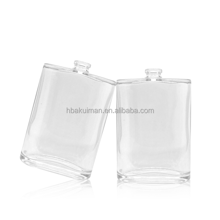 Wholesale Luxury Oval Flat Glass Spray Bottle 60ml 100ml Refillable Men Cologne Perfume Bottle with Crimp Neck factory