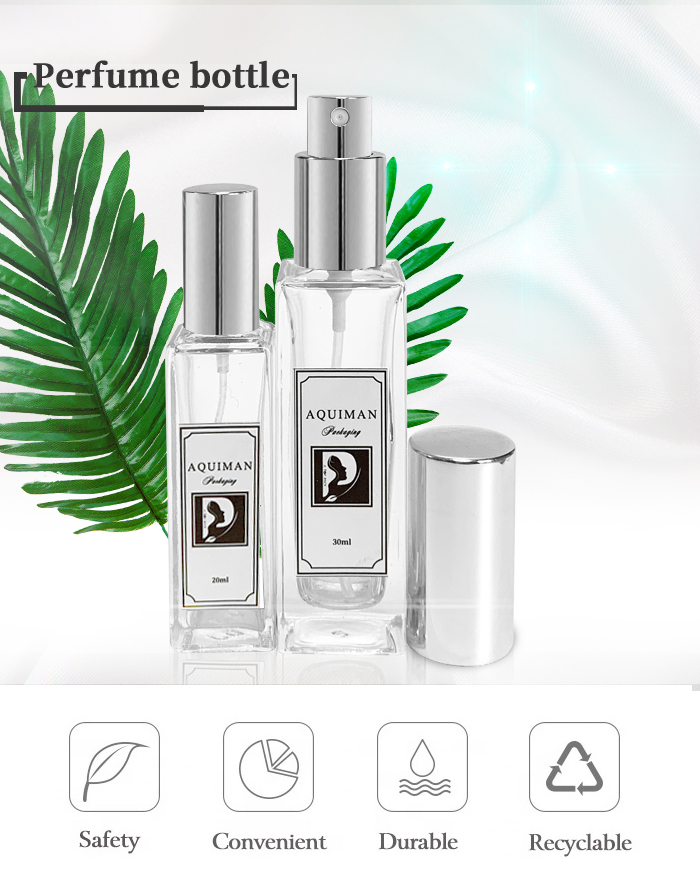 Wholesale Transparent And Customizable Logo 30ml 50ml 100ml Square Empty Belt Pump Glass Perfume Spray bottle manufacture