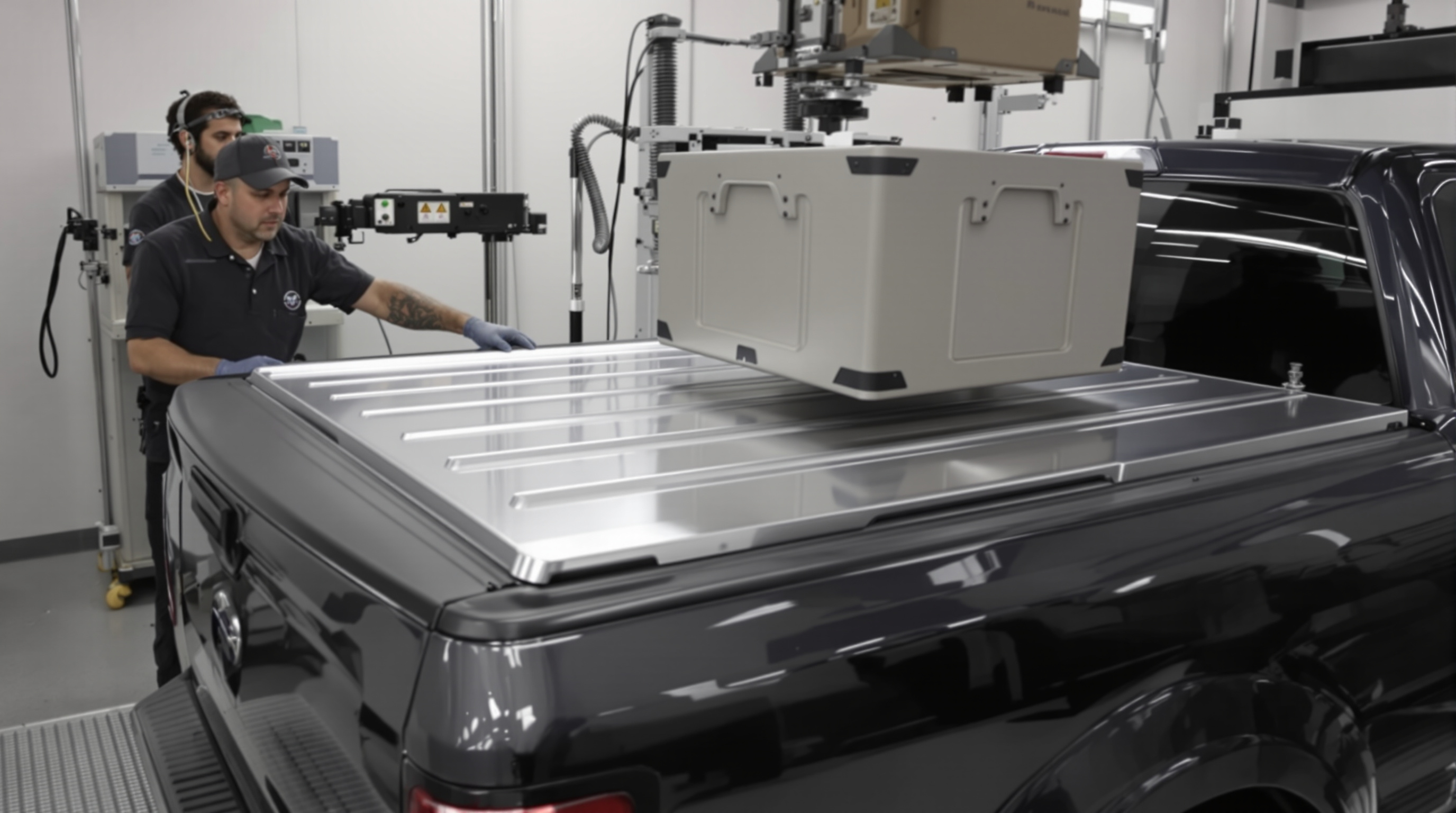 Technicians testing the durability of an aluminum tonneau cover in a lab with impact equipment