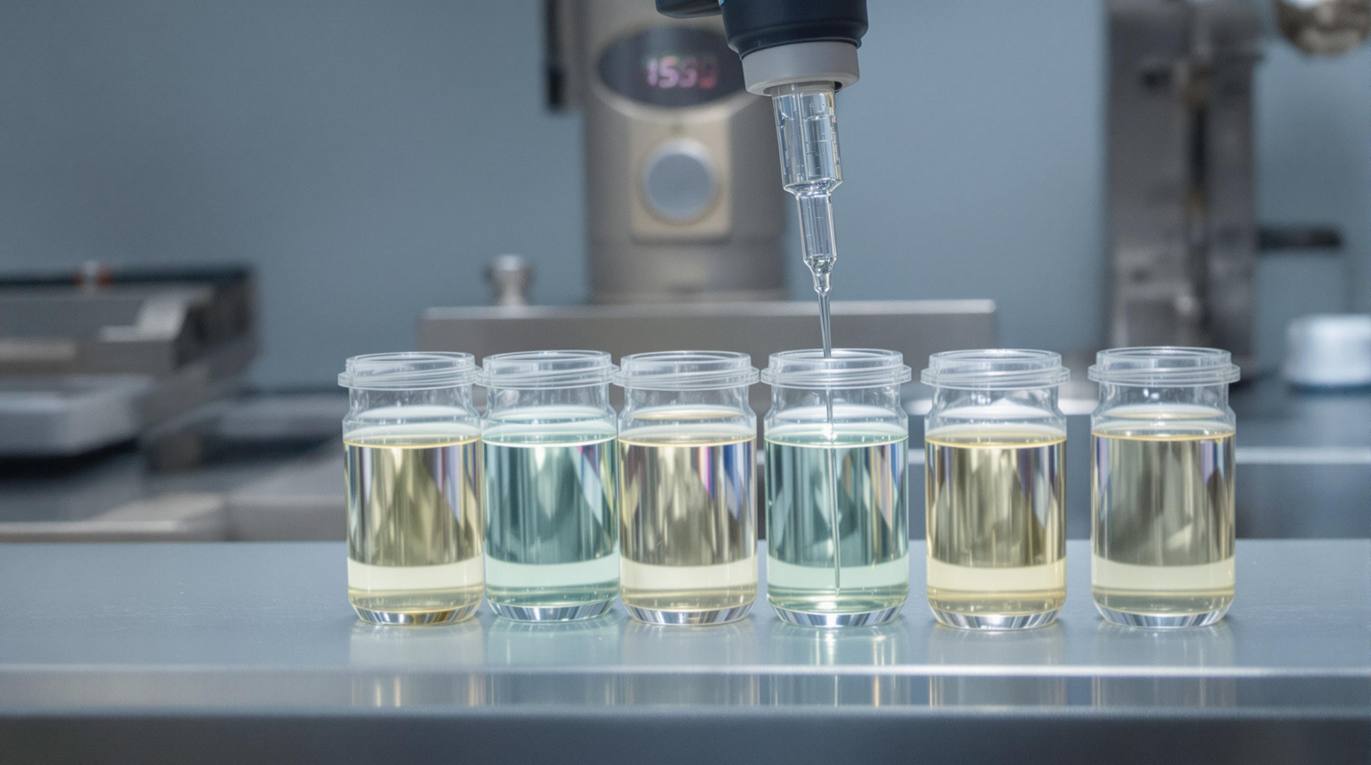 Lab technician adjusting pipette to add clear liquid to resin samples on a workbench