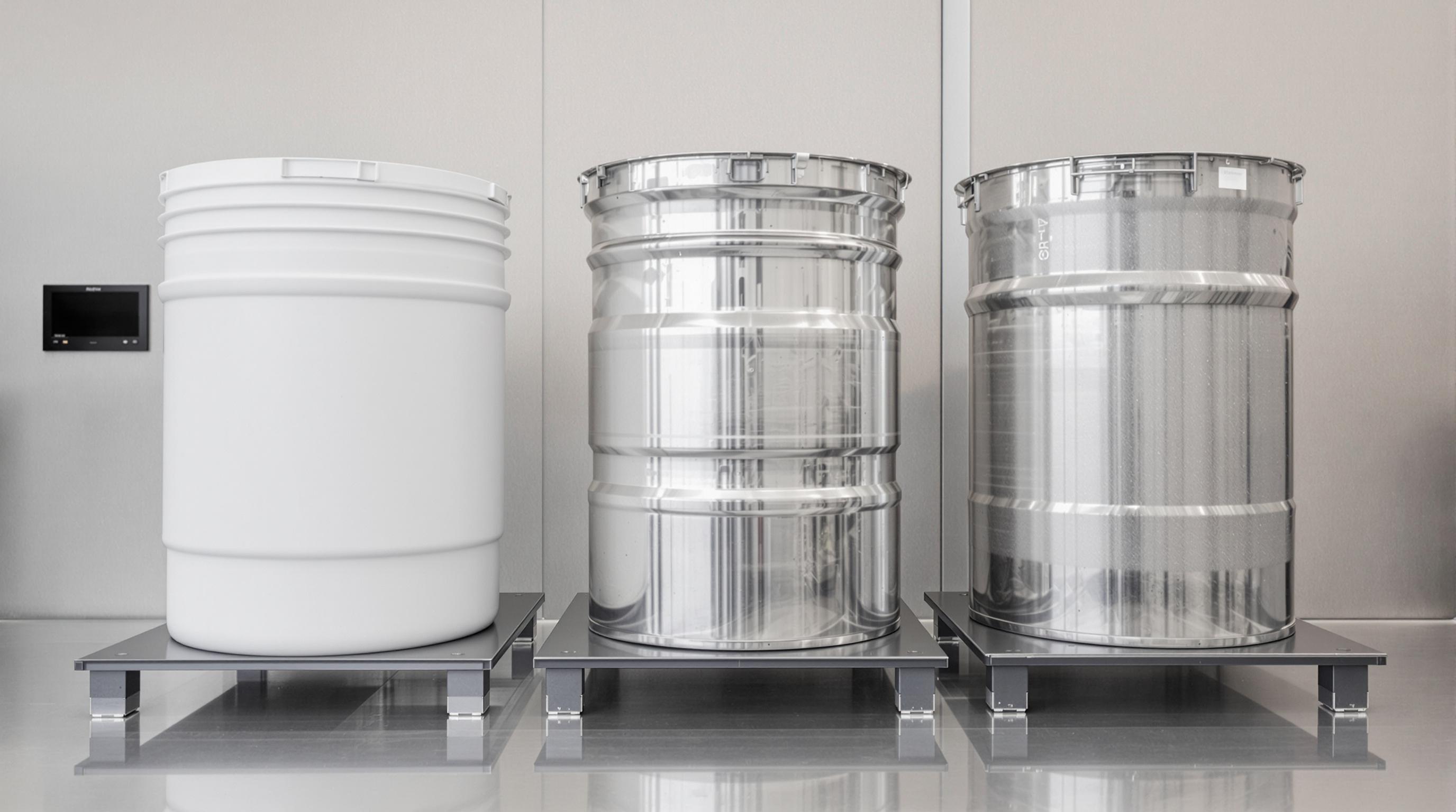 Realistic photo comparison of polyethylene, stainless steel, and MMA-composite IBC containers in a laboratory