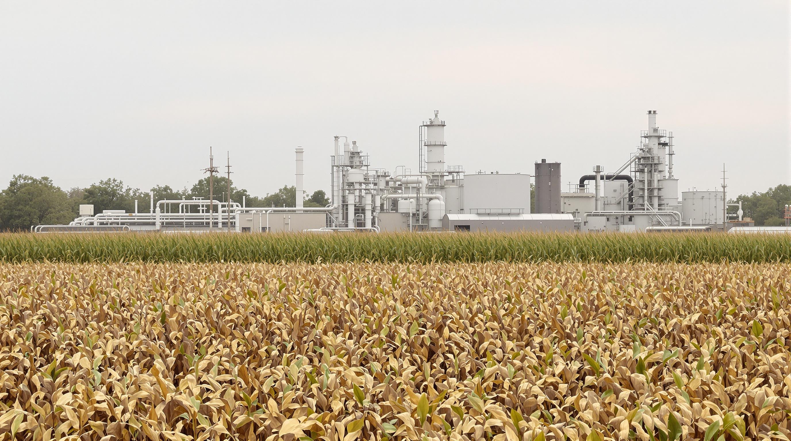 Photorealistic image of a bioprocessing facility with surrounding corn and sugarcane fields under natural light