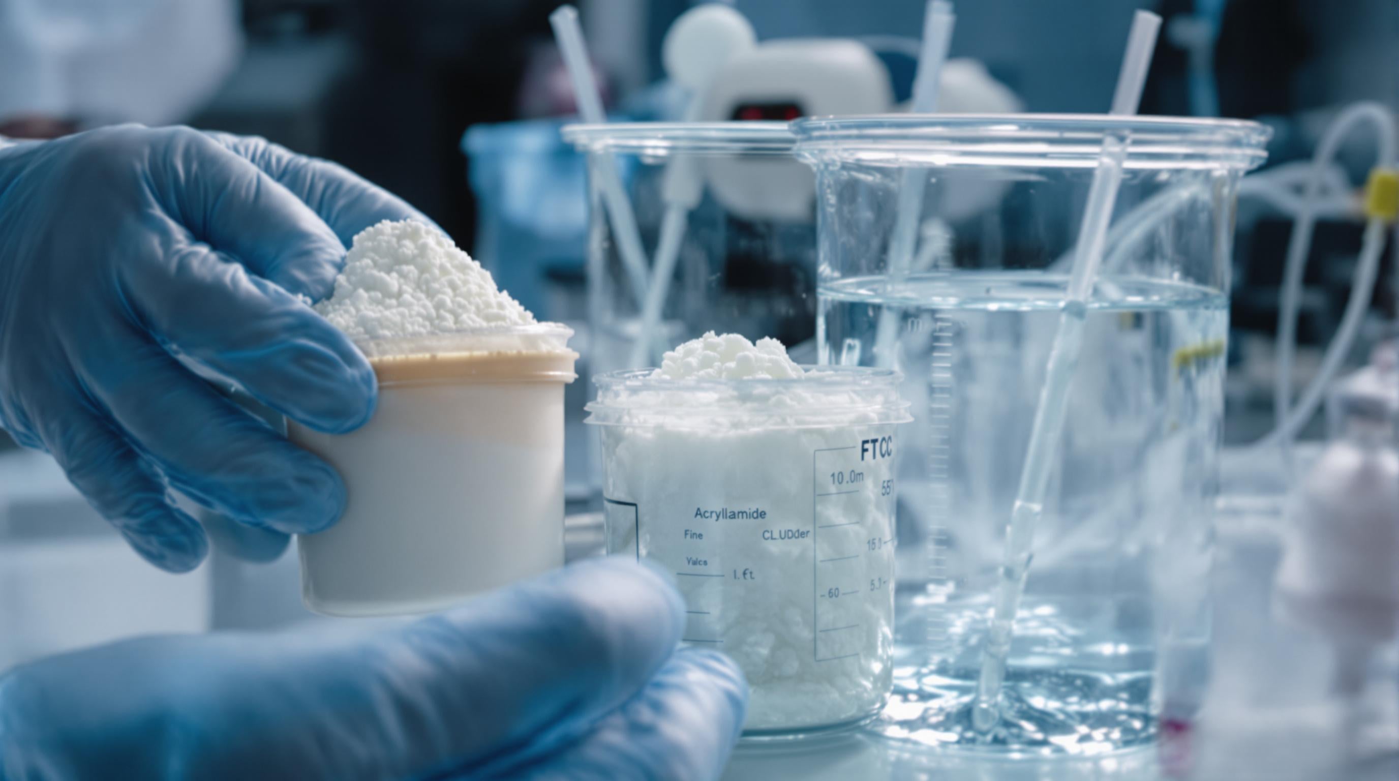 Gloved hands in a lab adding acrylamide powder to water, with visible clumps forming