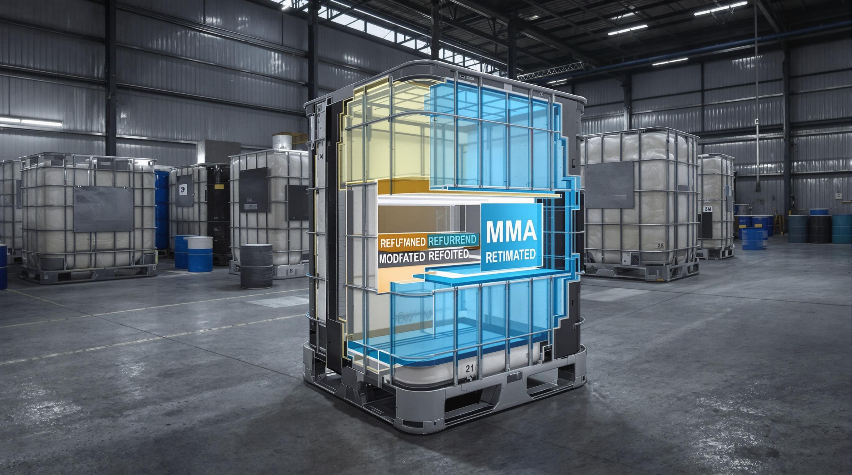 Photorealistic image of MMA-reinforced IBC containers in a warehouse, one showing interior layers
