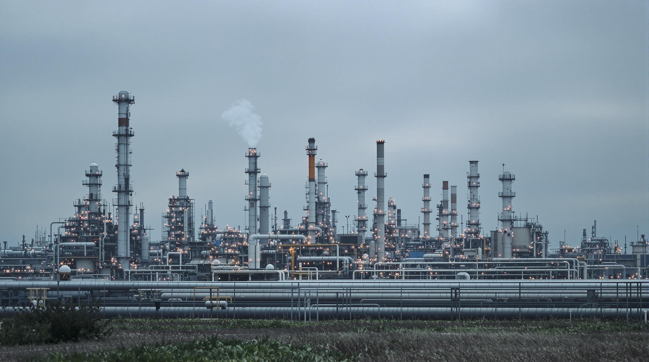 Photorealistic image of a petrochemical facility with visible emissions and machinery in a muted industrial setting