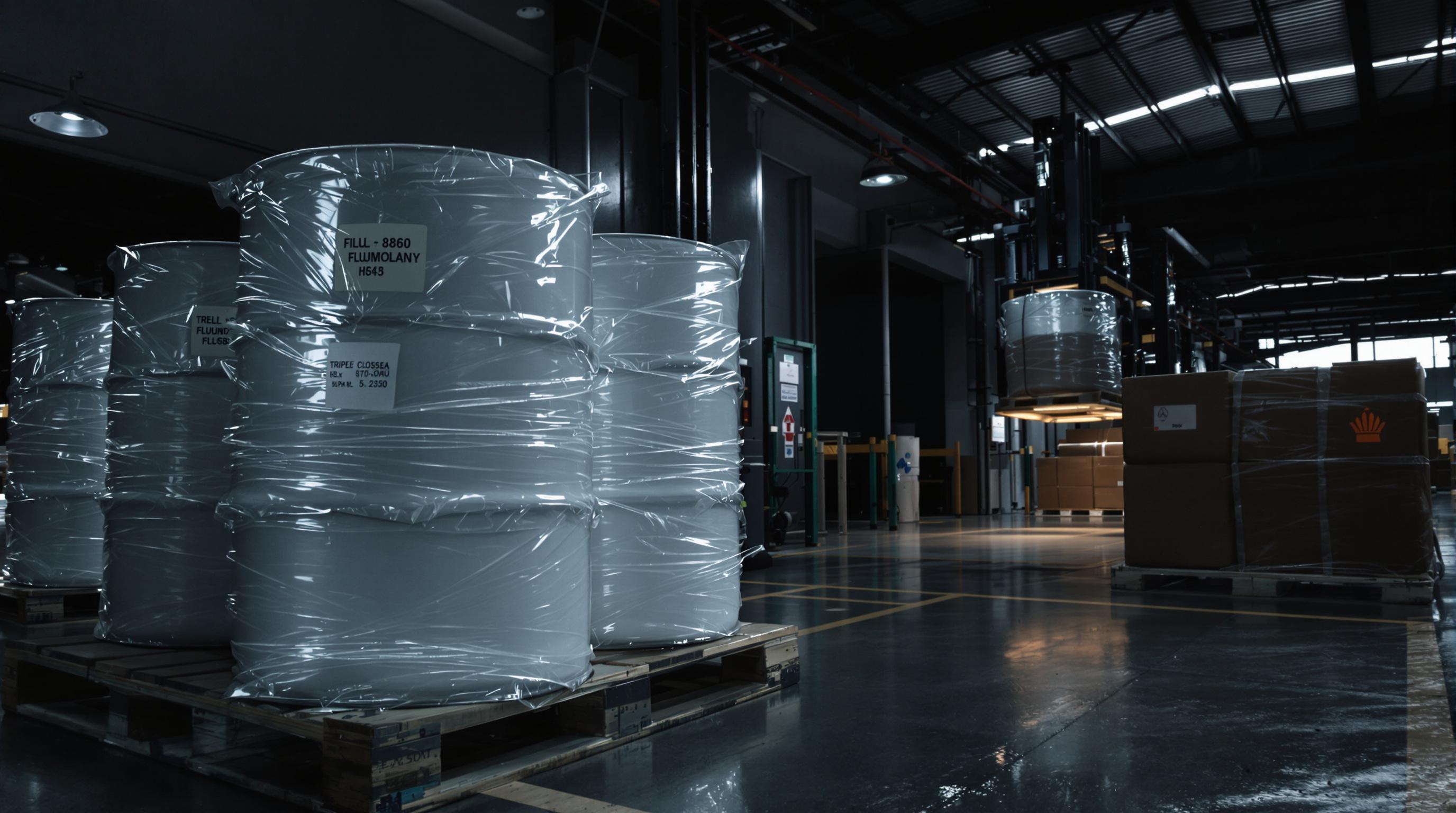 Sealed drums with fluoropolymer lining and triple-seal closures in a humid warehouse during global distribution