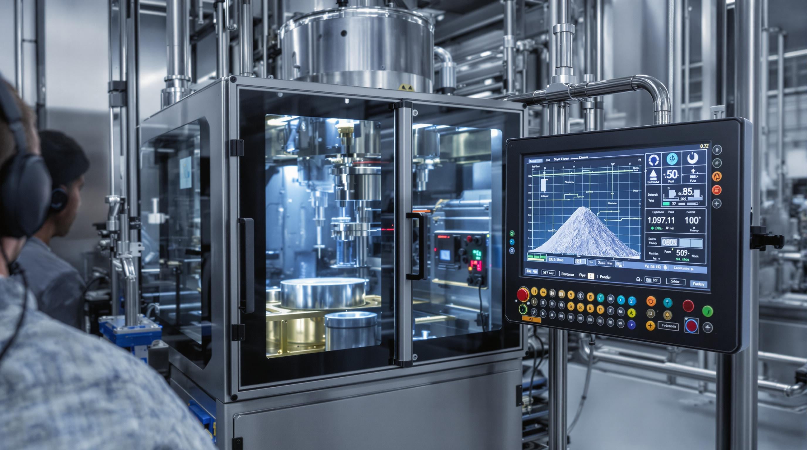 Industrial operator overseeing acrylamide powder dosing system with sensors in control room