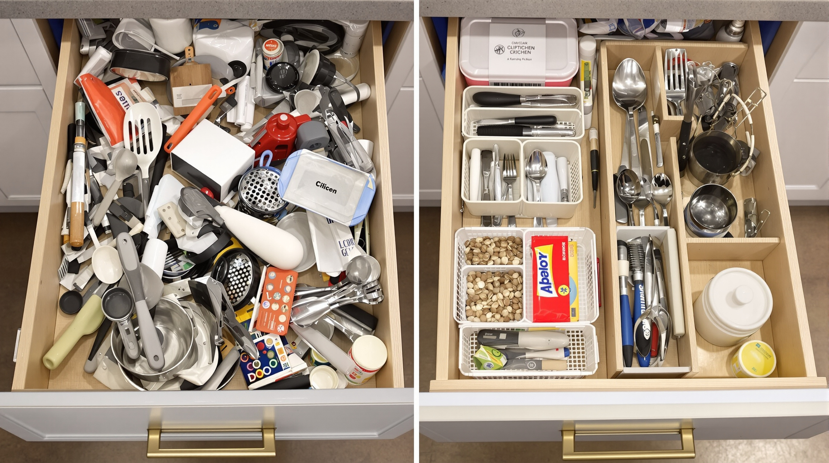 Side-by-side drawers showing messy clutter next to a neatly organized drawer with baskets