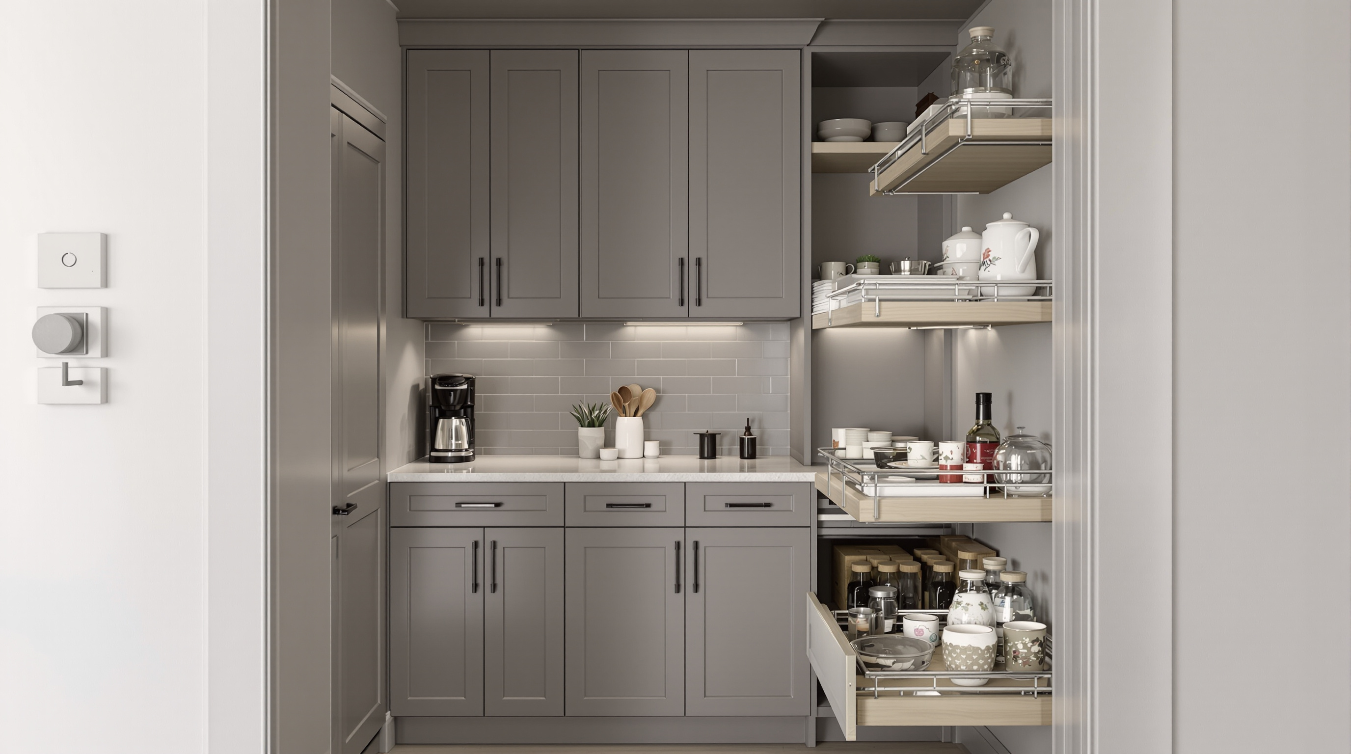 Walk-in pantry with coffee station, integrated countertop, and appliance pull-out shelves