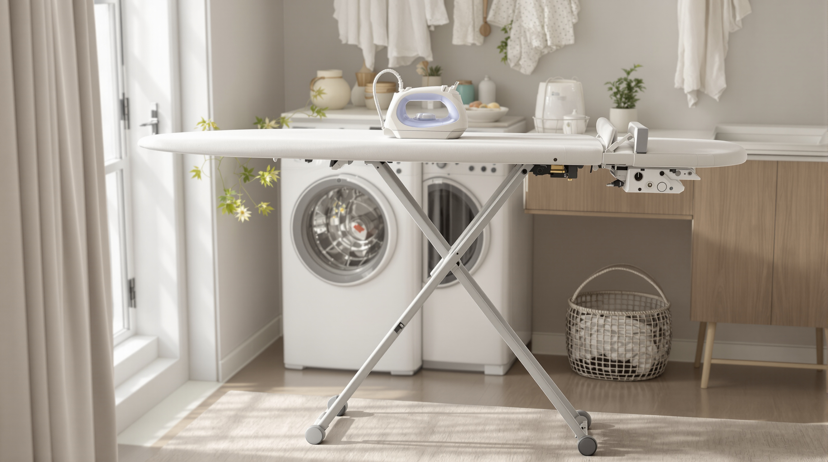 Modern ironing board showing adjustable height, stable legs, and integrated iron rest in a home setting