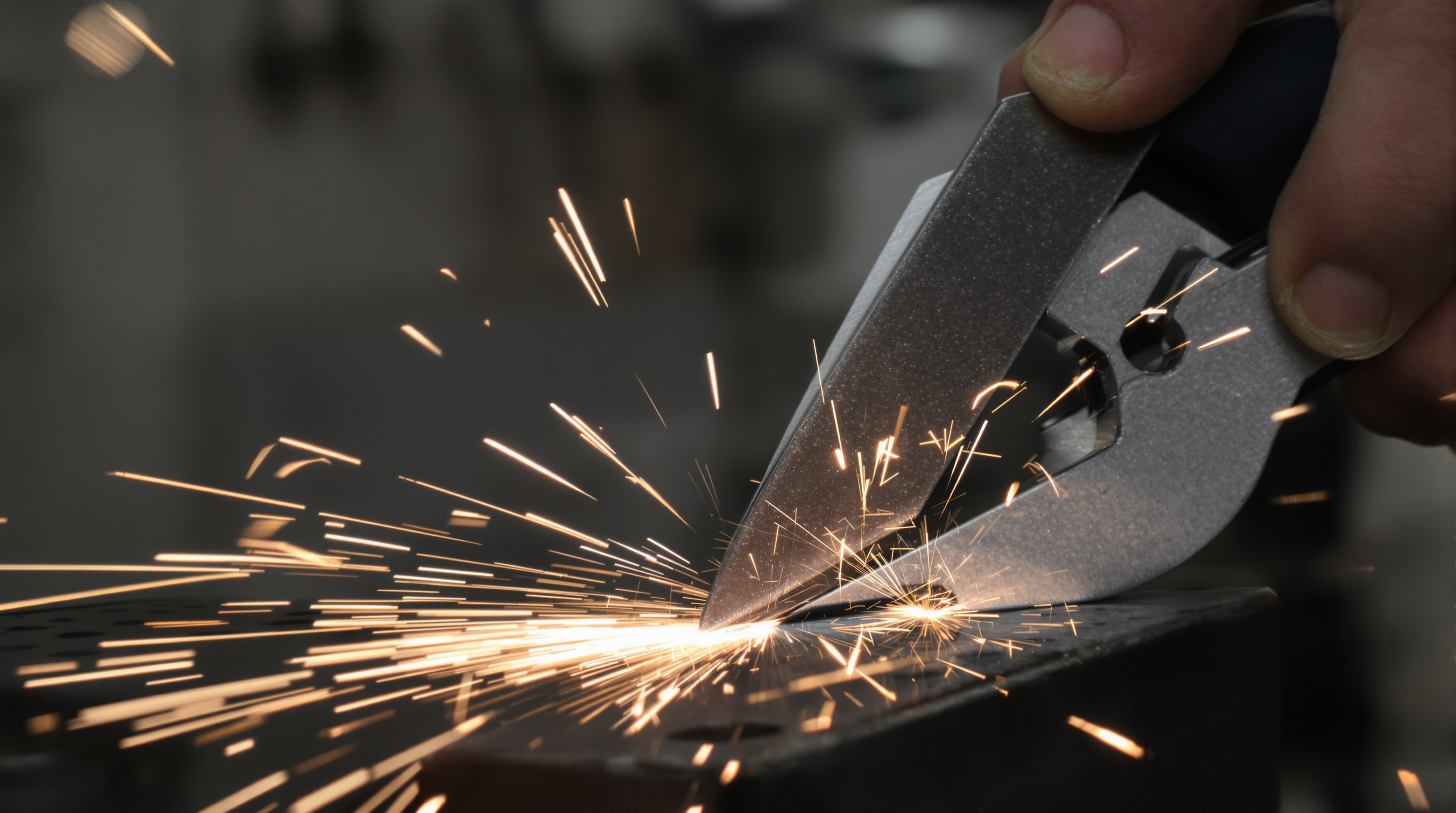 Worker sharpening cable cutter blade with a diamond file in a workshop
