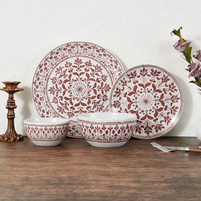 Modern Bohemian-Style Ceramic Dinnerware Set Dinner Plate Eco-Friendly Red Printed Porcelain Cup Kit for Home Hotels Restaurants factory
