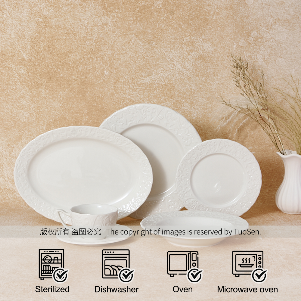 Modern Eco-Friendly Customized White Porcelain Tableware Classic Embossed Ceramic Coffee Cup Dinnerware Sets for Home Hotel details