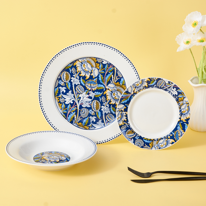 Newly Designed Ceramic Tableware with Green Floral Dinner Plate Patterns Dinnerware Sets for Daily Use manufacture