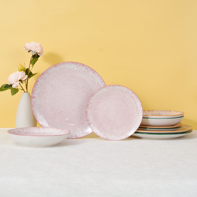 18-Piece Custom Packaged Pink Reactive Glazed Ceramic Dinnerware Set Full Collection Stone Ware Tableware Sample Available factory