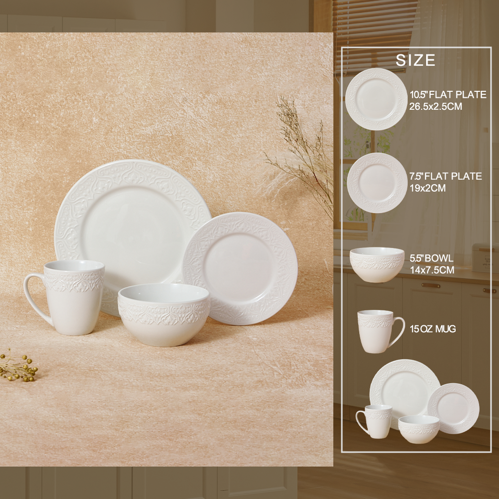 Hot-Selling 16-Piece Customizable Embossed Porcelain Tableware Set White Stoneware Dinner Plate Sets for Hotels supplier