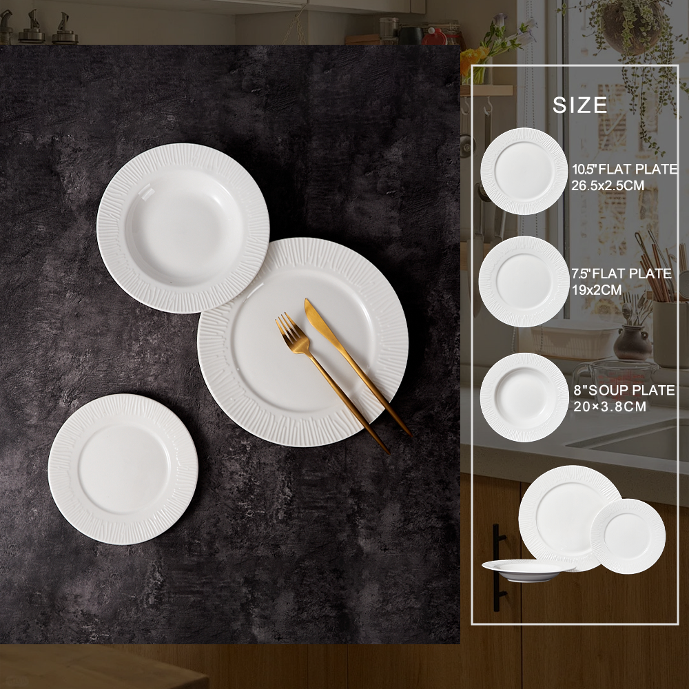 Hot-Selling Customizable Luxury White Stoneware Dinner Plate Set Embossed Porcelain Tableware for Hotels Durable Feature manufacture