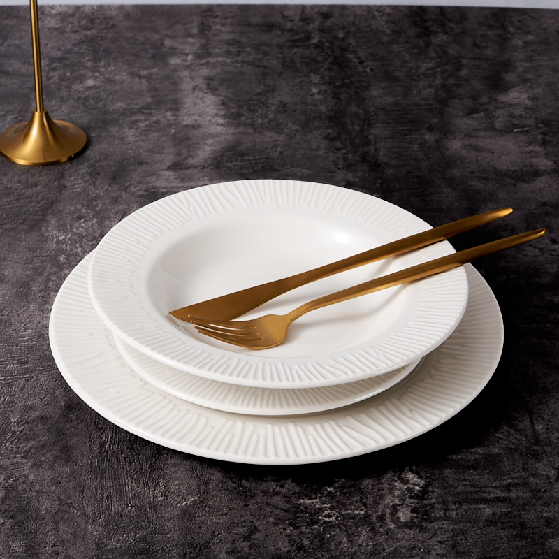 Hot-Selling Customizable Luxury White Stoneware Dinner Plate Set Embossed Porcelain Tableware for Hotels Durable Feature details