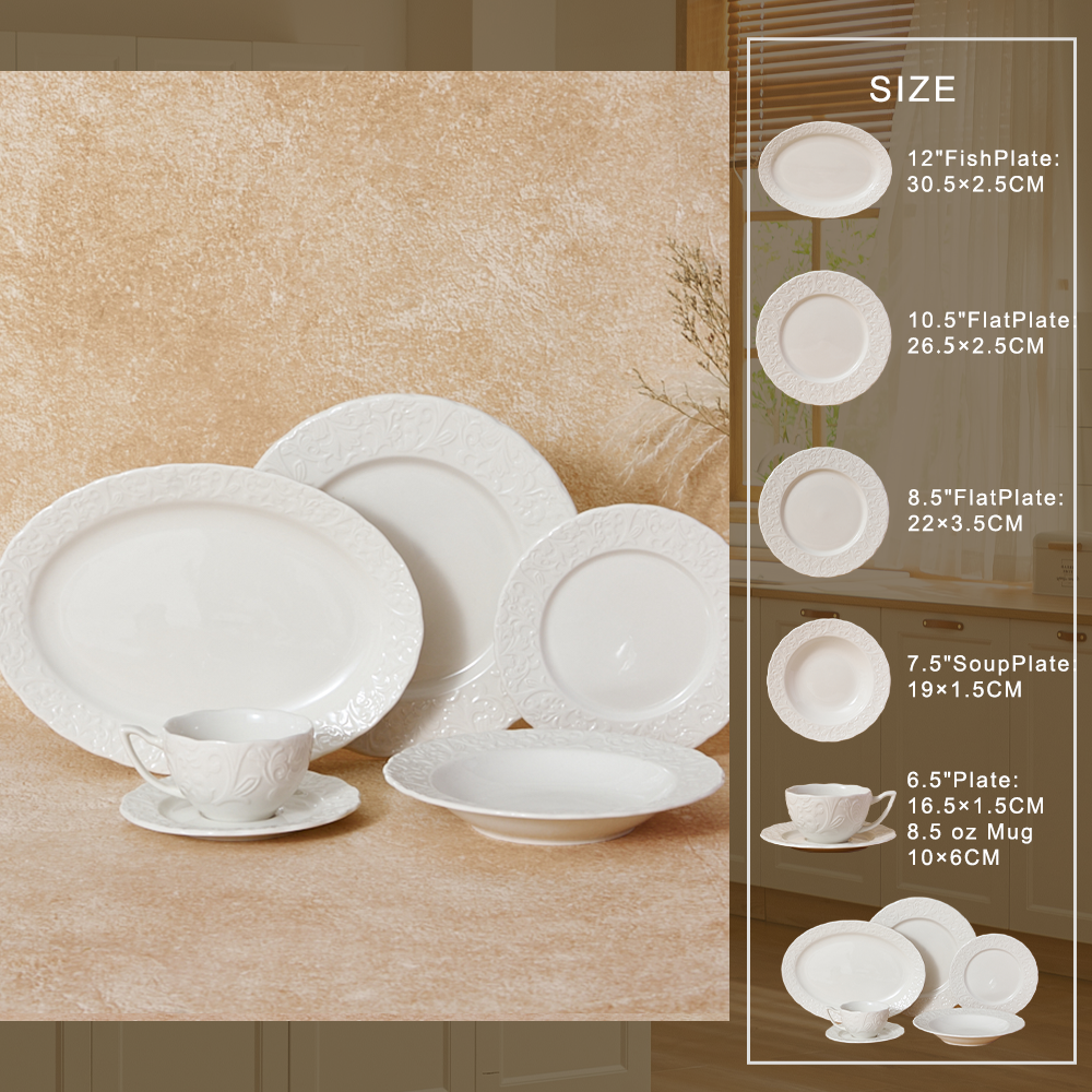Modern Eco-Friendly Customized White Porcelain Tableware Classic Embossed Ceramic Coffee Cup Dinnerware Sets for Home Hotel manufacture