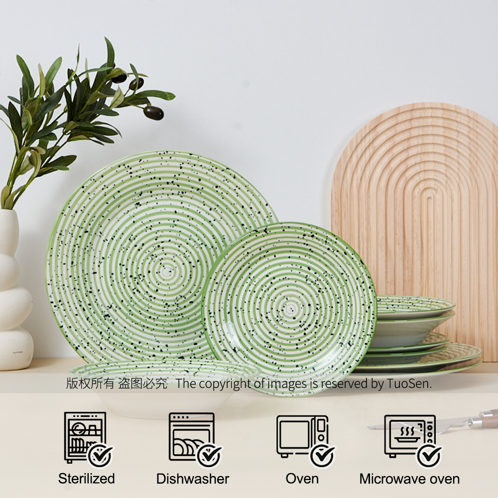 18-Piece Luxury Stoneware Dinner Set Green Black Sesame Microwave-Printed Daily Household Ceramic Plates Premium Ceramic Plates supplier