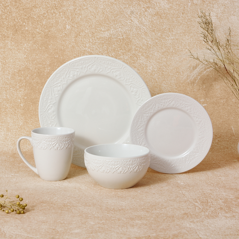 Hot-Selling 16-Piece Customizable Embossed Porcelain Tableware Set White Stoneware Dinner Plate Sets for Hotels details