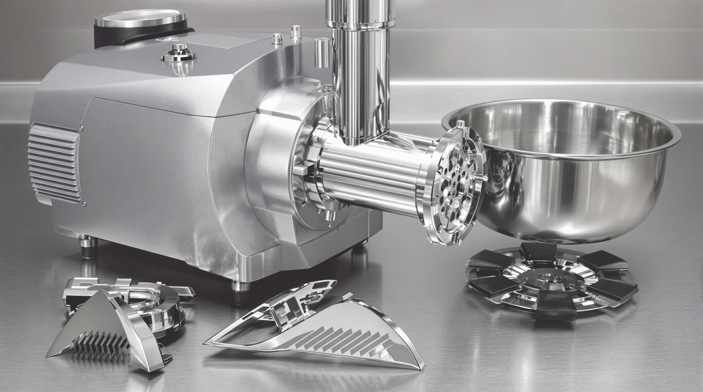 Detailed parts of a commercial meat chopper machine including motor, bowl, and blades