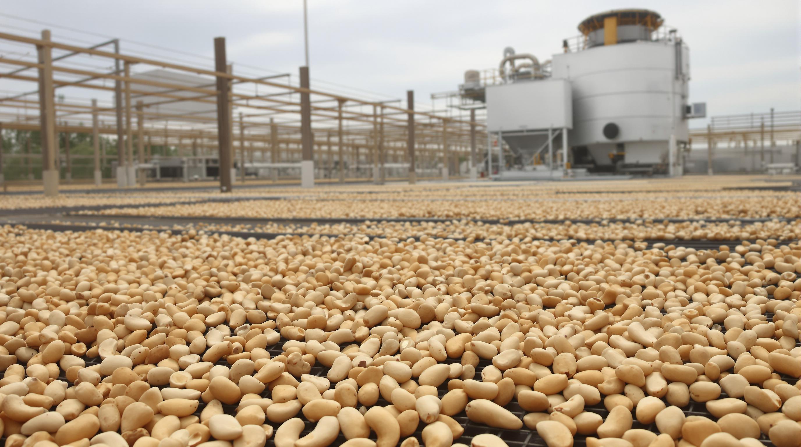 Cashew nuts drying on racks outdoors with a mechanical dryer in the background