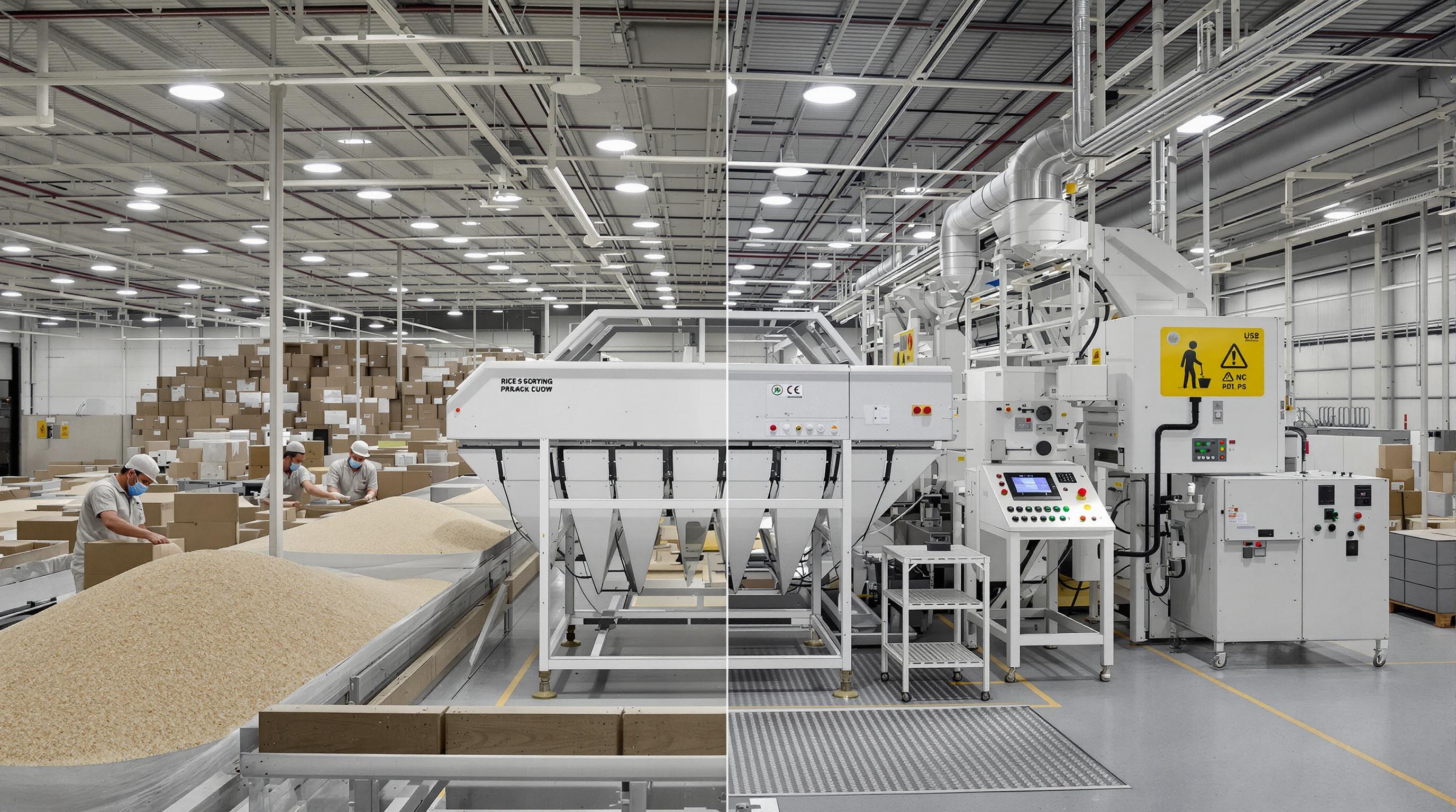 A rice processing facility with workers sorting rice by hand on one side and an automated rice color sorter machine operating on the other.