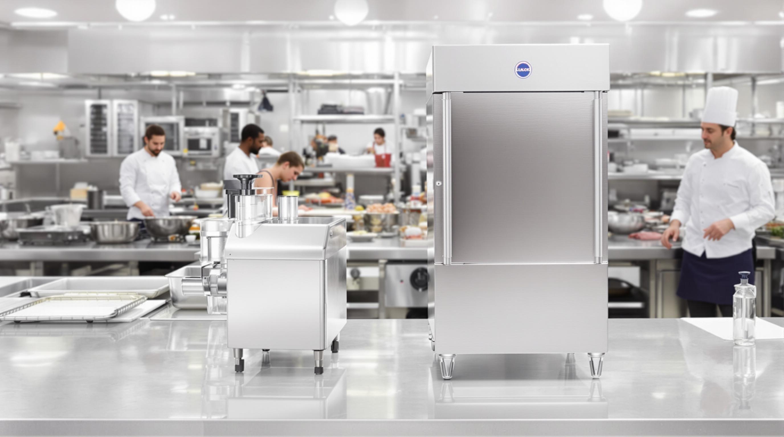 Countertop and floor-standing meat chopper machines in a busy commercial kitchen