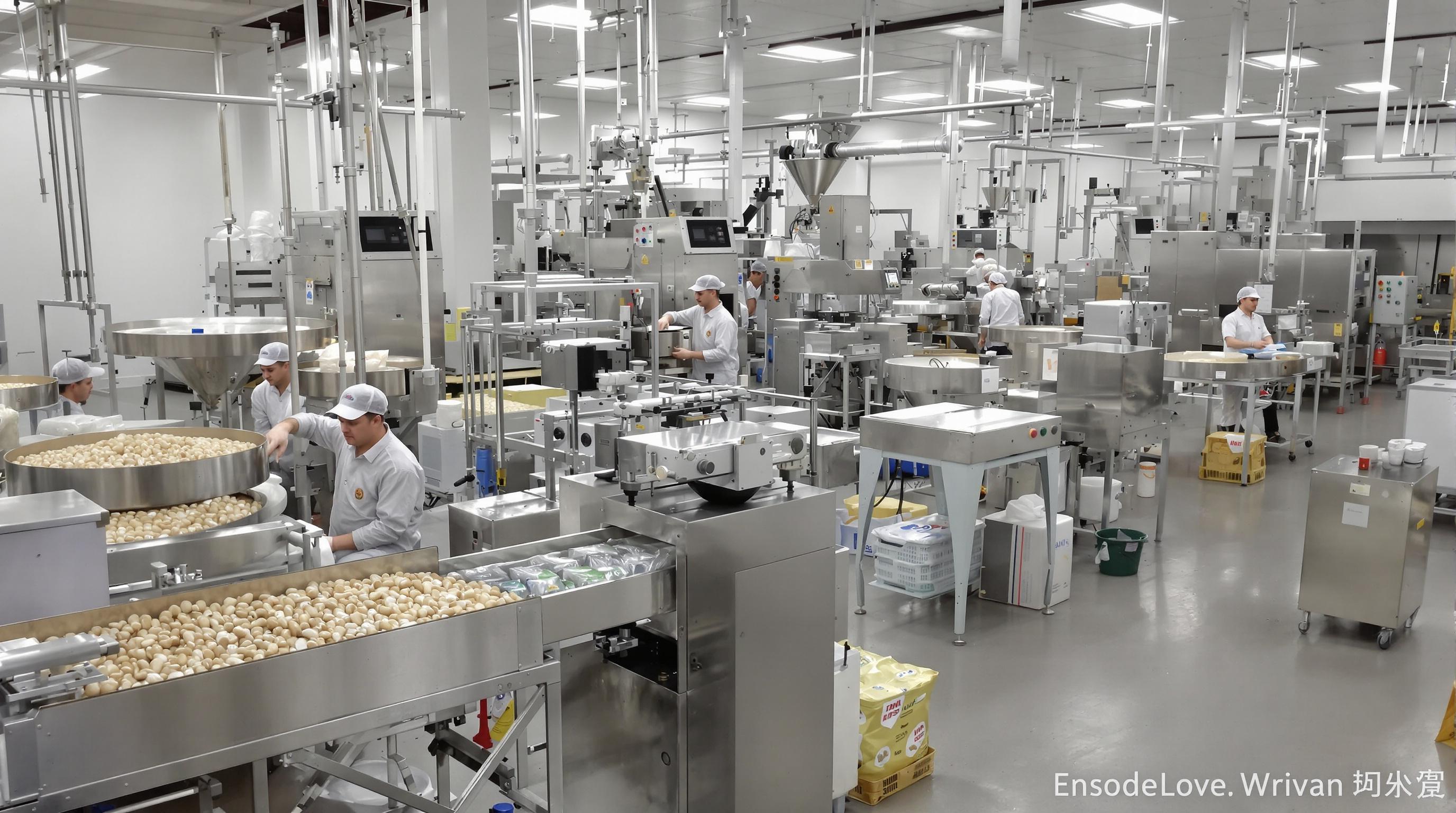 Cashew kernels being sorted and packaged by workers and machines in a modern plant