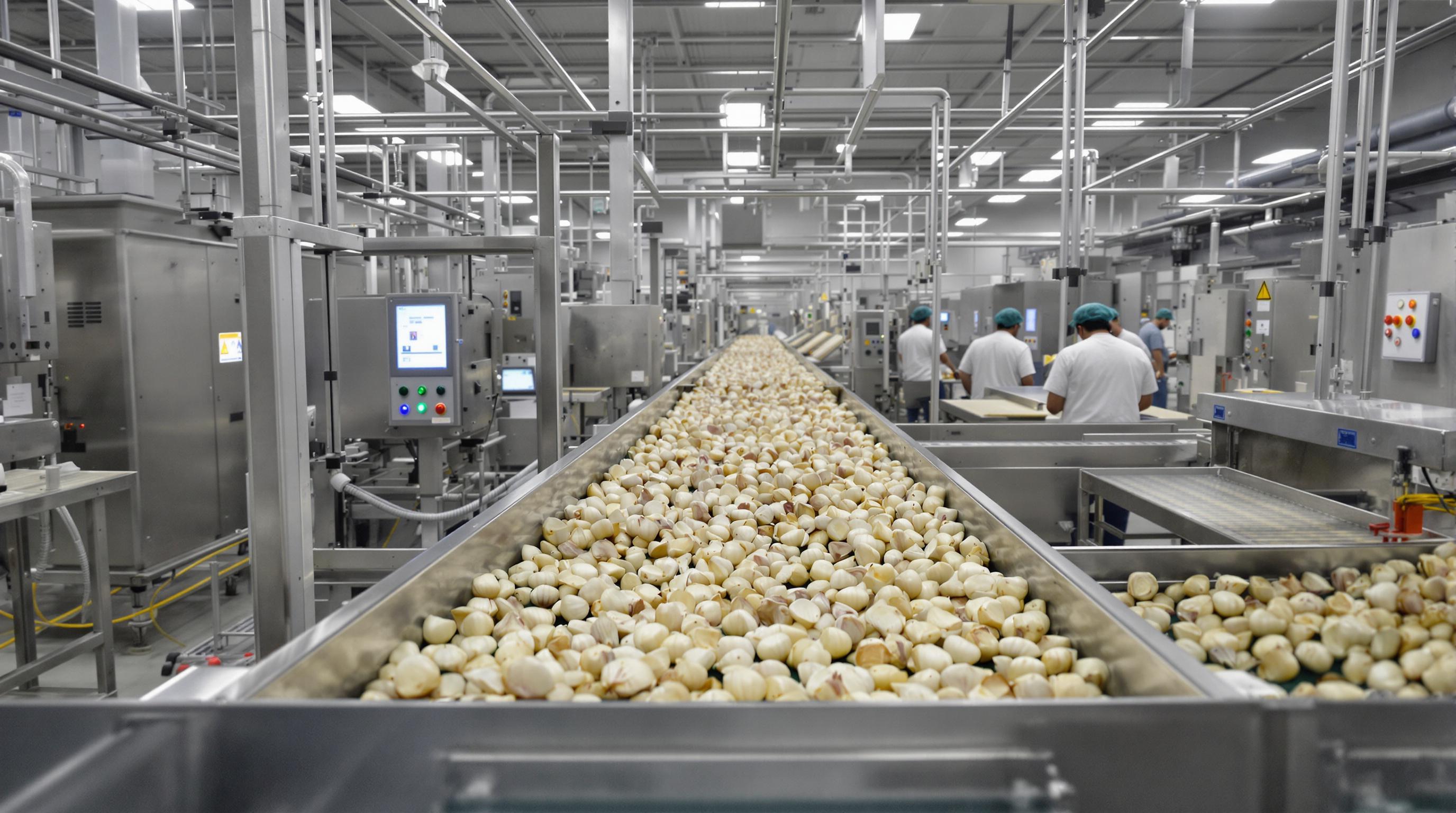 Automated garlic peeling machines operating in a modern processing facility with visible conveyor systems