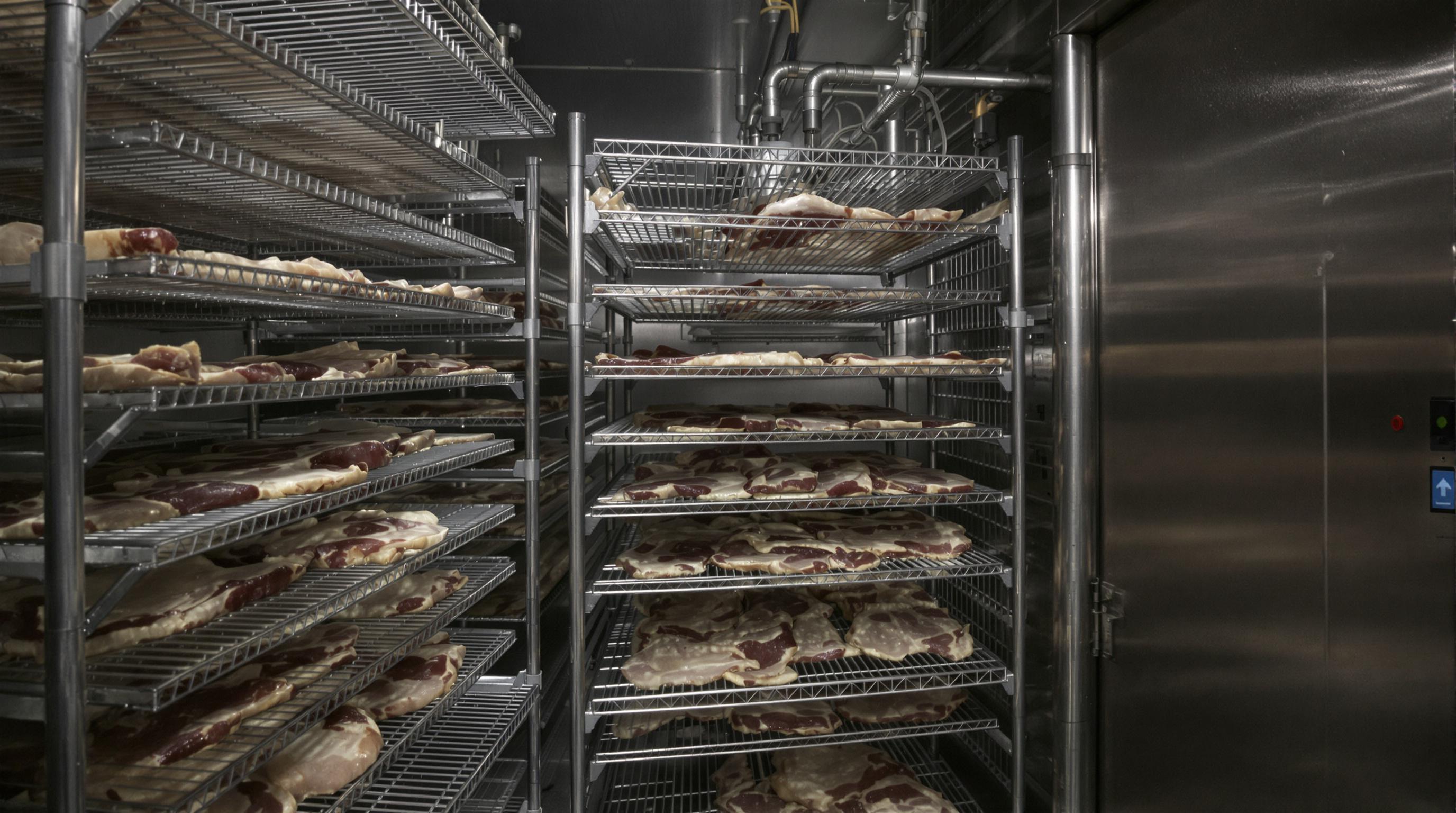 Photorealistic view of a meat drying facility with racks of meat and visible humidity sensors controlling the environment