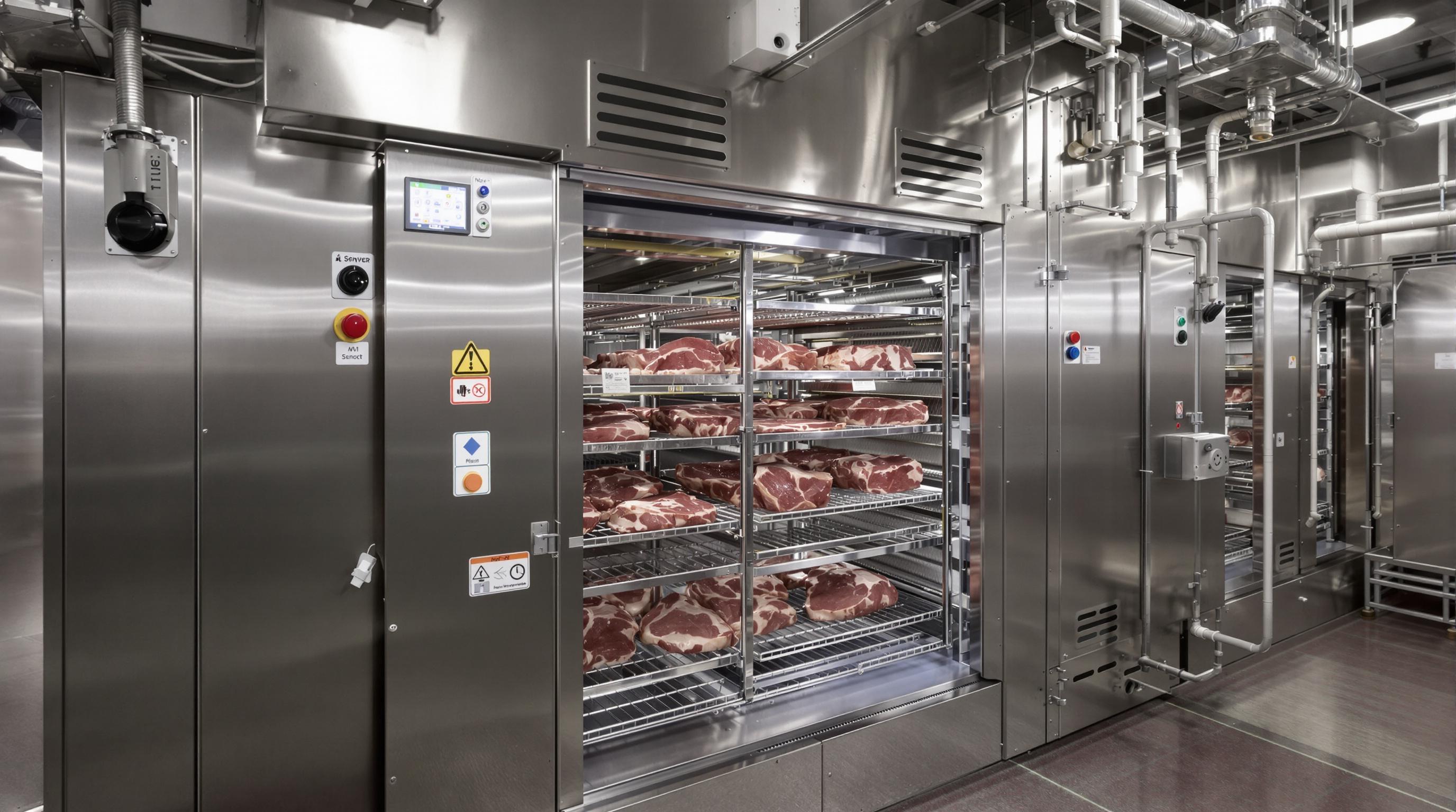 Photorealistic image of a commercial meat dryer chamber with smart sensors and evenly spaced meat cuts, ventilation ducts, and heating elements