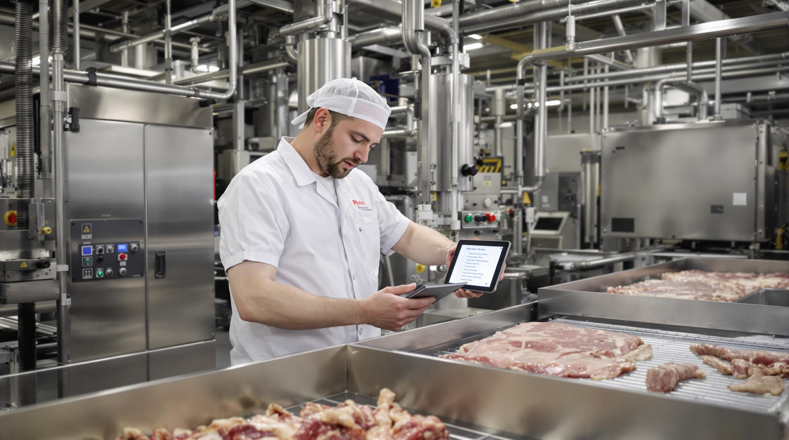 Technician performing preventive maintenance inspection on meat processing machinery in a factory