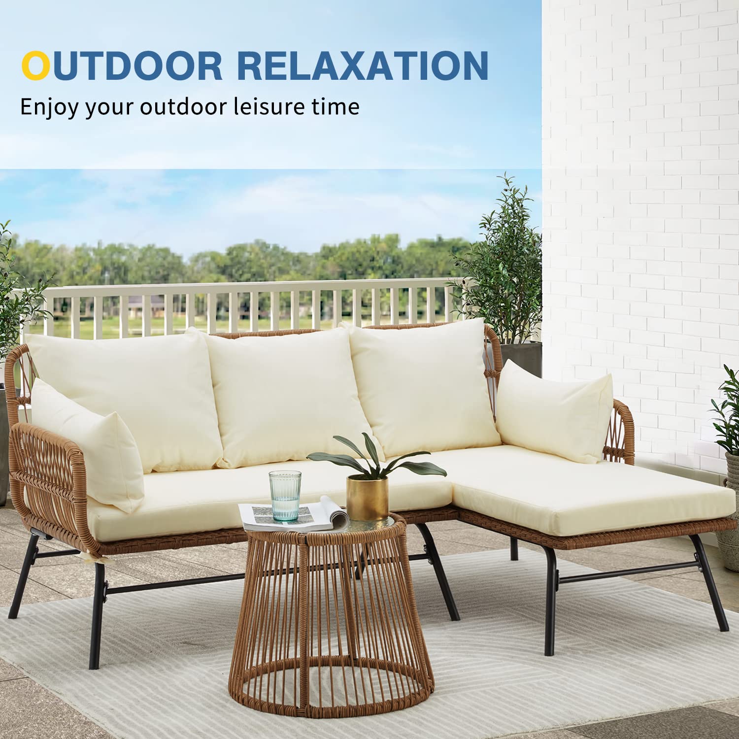 product modern aluminum outdoor sectional sofa patio furniture set l shaped all weather patio conversation set with table and cushions-5