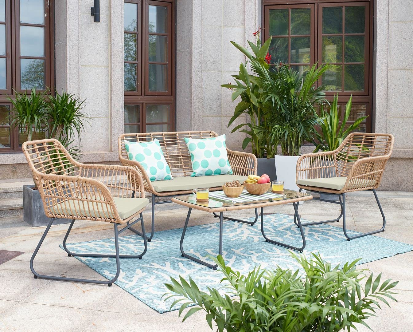 product 4 piece woven wicker patio furniture steel frame outdoor conversation set for backyard dining  relaxation garden sofas-0