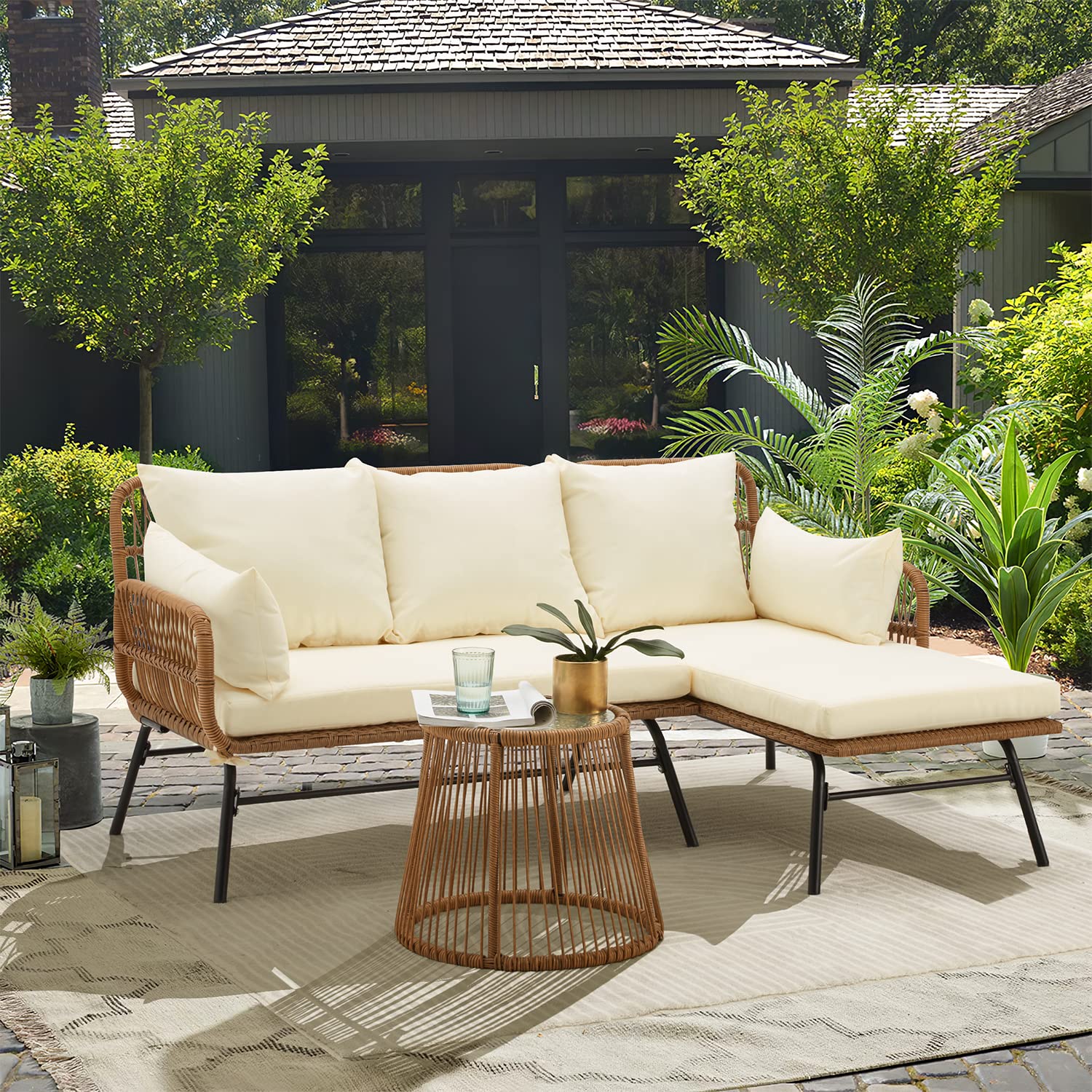 product modern aluminum outdoor sectional sofa patio furniture set l shaped all weather patio conversation set with table and cushions-6