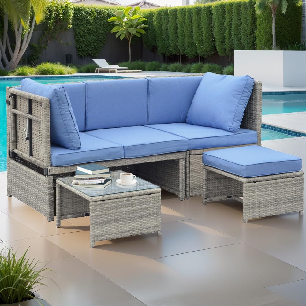 product modern outdoor pe wicker furniture set high quality 4 piece patio rattan sectional set conversation sofa with table and cushion-2
