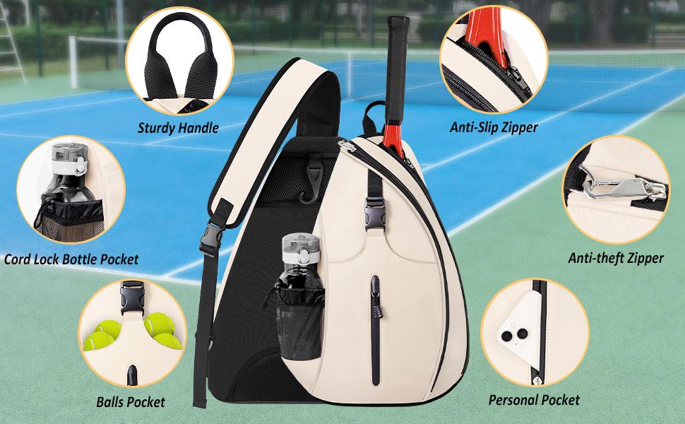 Customized Water-Resistant Polyester Tennis Sling Backpack Portable Crossbody Bag for Men Women Holds Tennis Badminton details