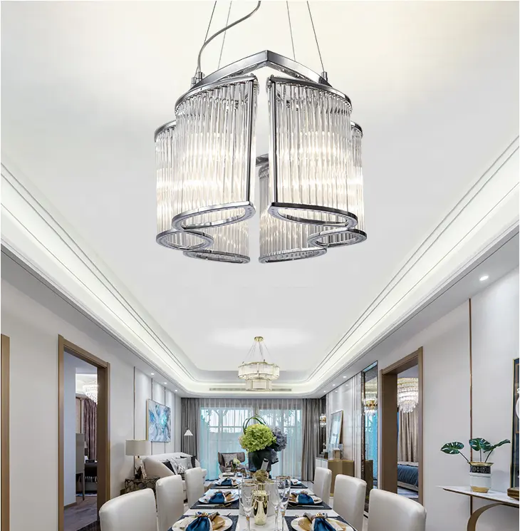 Modern Rectangular Gold Chrome Chandelier Glass LED Pendant Lights For Hotel Villa factory