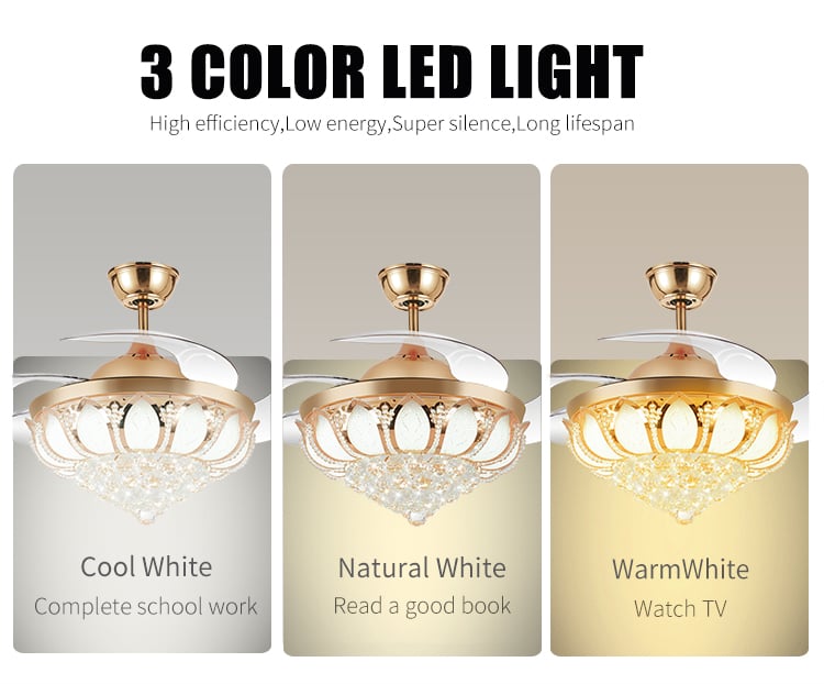 2002A 42 Inches Gold Crystal Ceiling Fan with Invisible Blades with Remote Control Retractable Chandelier Ac Dc supplier
