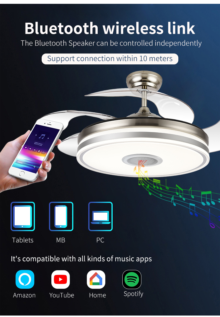 New Foldable Blade Ceiling Fan with Light and Sound Living Room Invisible Ceiling Fan Light RGB Modern Fan with Light Dimmable factory