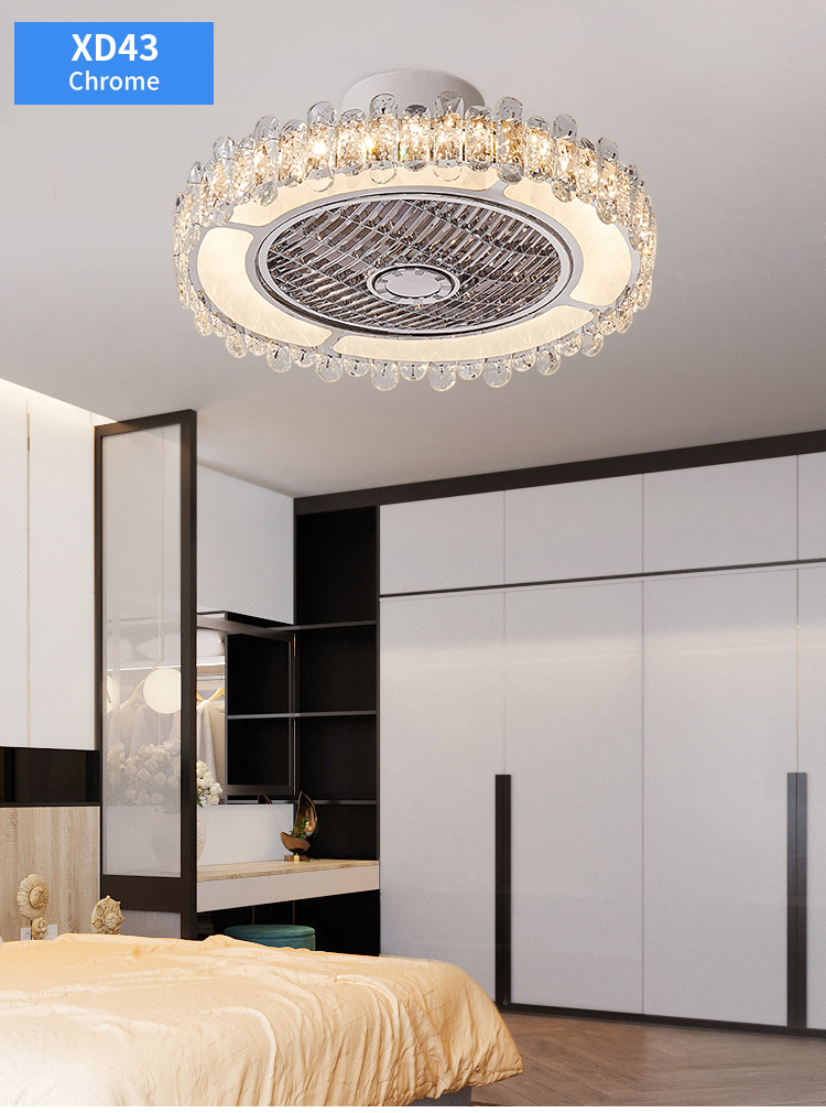 5 Shades Luxury Bedroom Led Lamp With Fan Ceiling Fan with Light Flush Mount Low Profile Crystal Caged Fan Light for Living Room factory