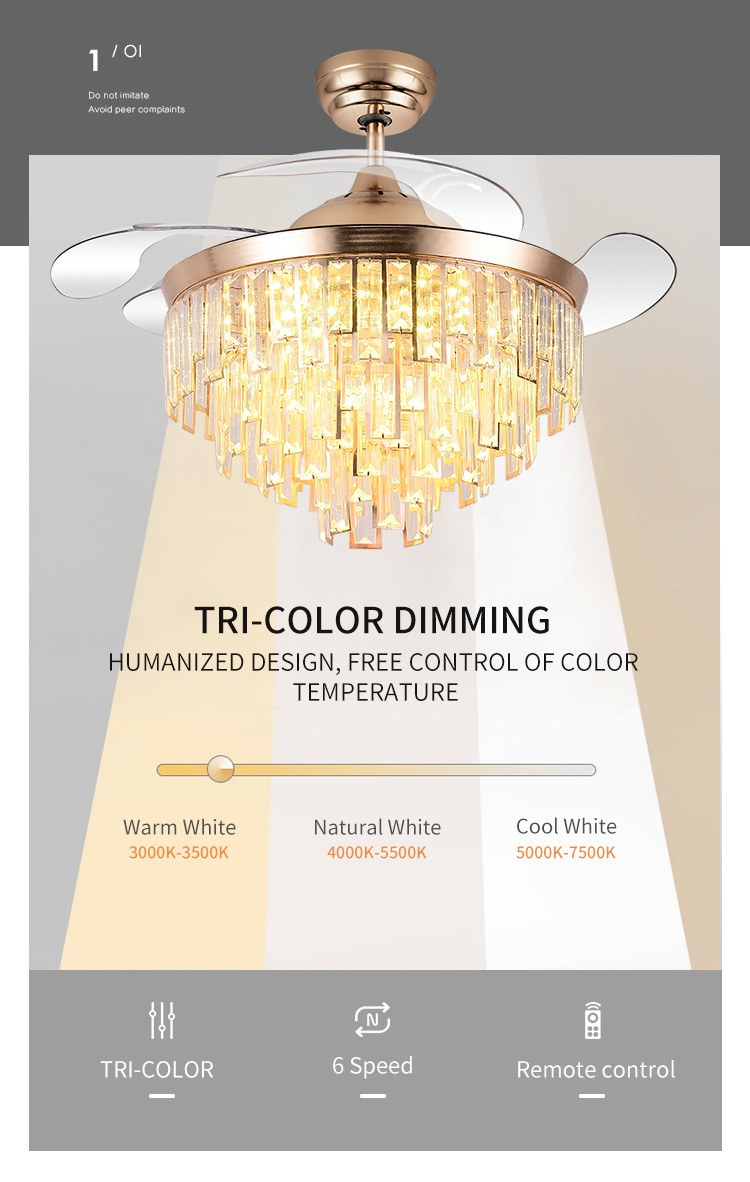 42 Inch 3-Color Crystal Ceiling Fan Chandelier with Remote 754G Flush Mount Fan with DC Motor Switch Type Remote Control supplier